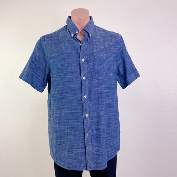 Rowm Top Cotton Short Sleeve Collared Button Down Shirt Denim Blue size L NWT - Picture 12 of 12